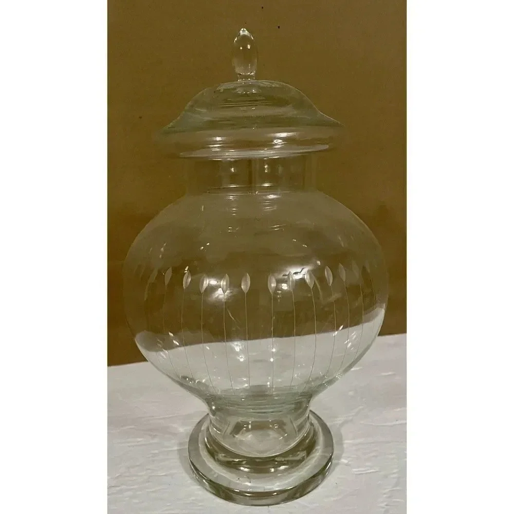 Clear Etched Glass Cookie Candy Jar Storage W/Lid 12 In H‎ x 7 In W 4.5 In Base
